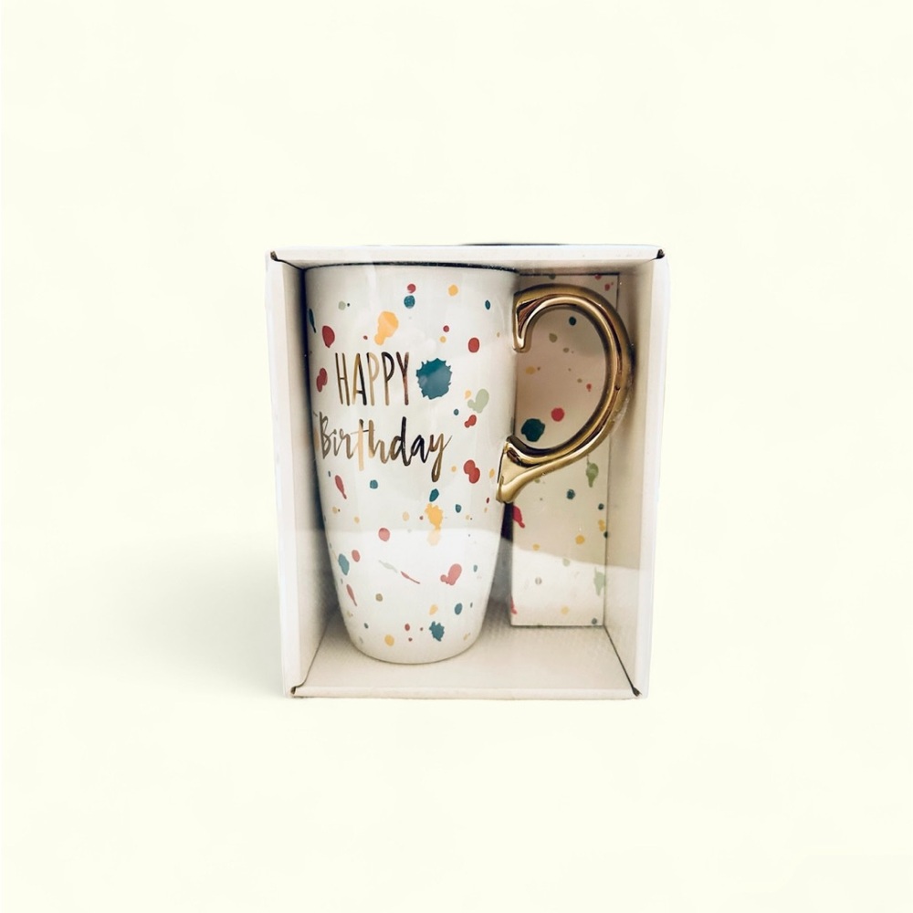 Happy Birthday Tall 20 oz Mug White with Colorful Splotches Gold Handle
